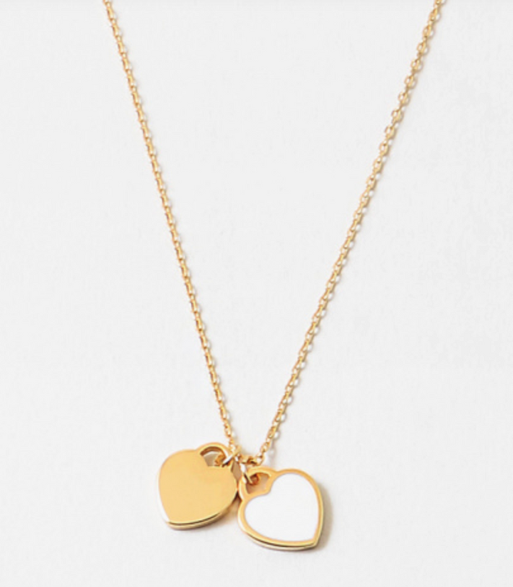 Double Heart Pendant Necklace | Gold & White Enamel Heart Charms | Layered Love Necklace