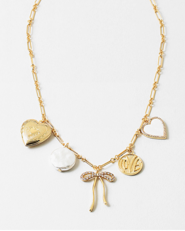 Gold Charm Necklace with Bow, Hearts & Pearl