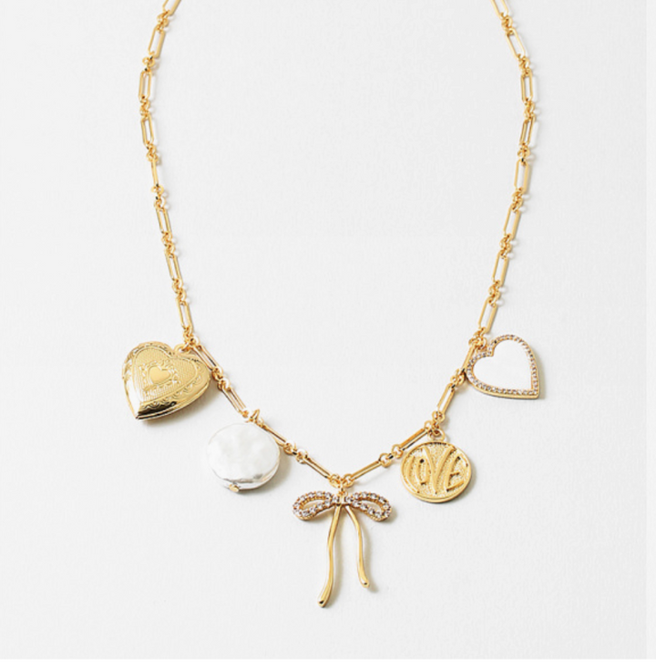 Gold Charm Necklace with Bow, Hearts & Pearl