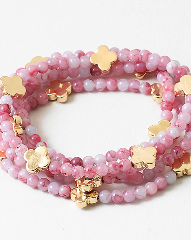 Pink Beaded Clover Charm Stretch Bracelets | Gold Clover Bead Bracelet Set