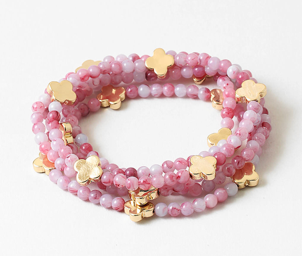 Pink Beaded Clover Charm Stretch Bracelets | Gold Clover Bead Bracelet Set