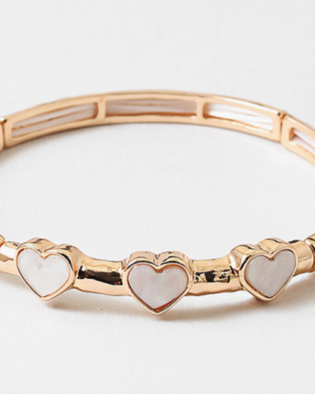 Gold Heart Stretch Bracelet with Mother-of-Pearl Accents