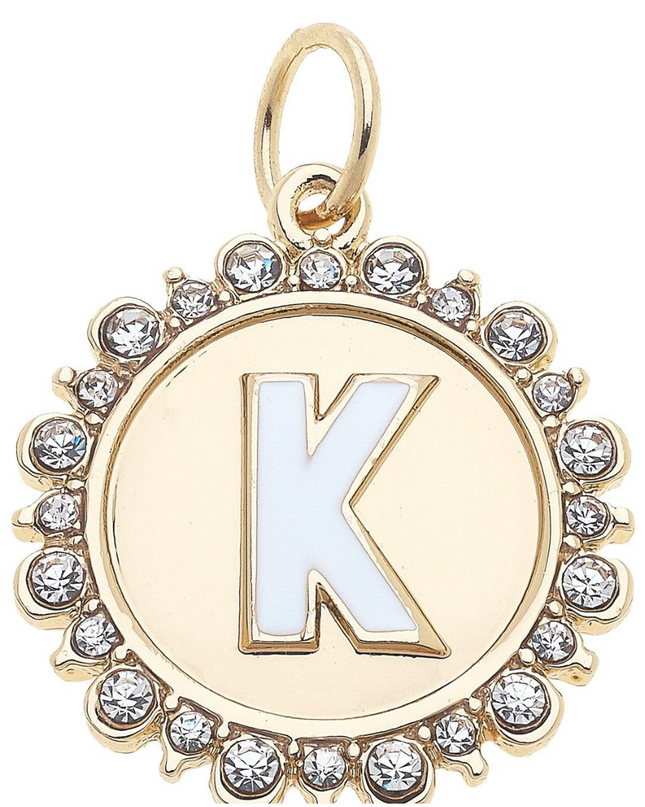 Rhinestone Studded Enamel Letter Disc Charm