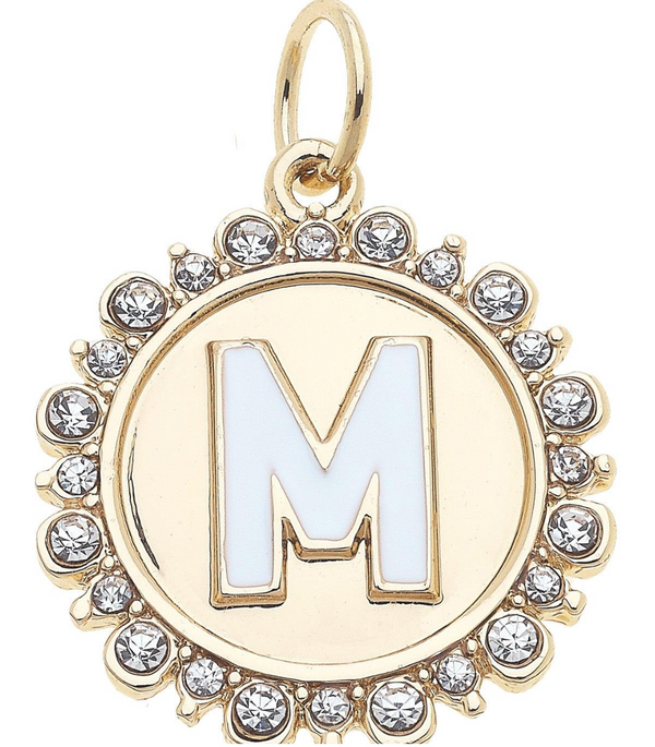 Rhinestone-Studded Enamel Letter Disc Charm in Shiny Gold