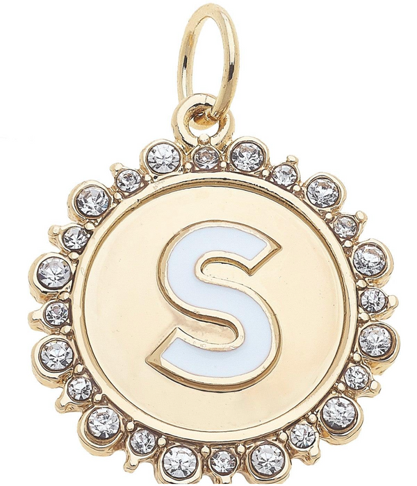 Rhinestone-Studded Enamel Letter Disc Charm in Shiny Gold