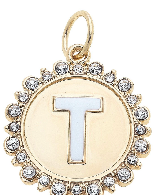 Rhinestone Studded Enamel Letter Disc Charm