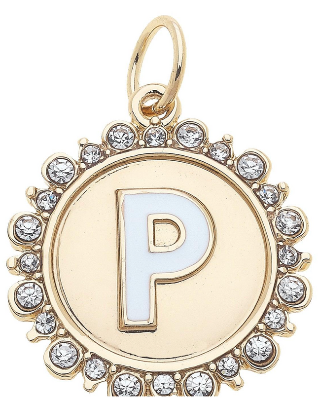 Rhinestone Studded Enamel Letter Disc Charm