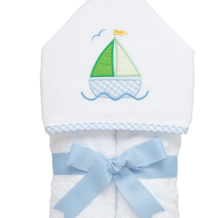 Sailboat hooded towel blue — personalized with embroidered name, baby and toddler gift