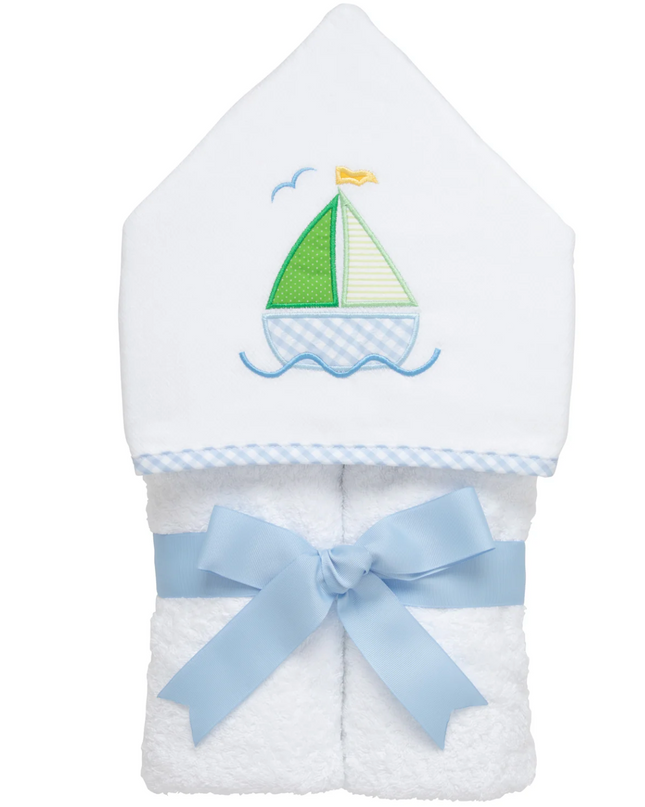 Sailboat hooded towel blue — personalized with embroidered name, baby and toddler gift