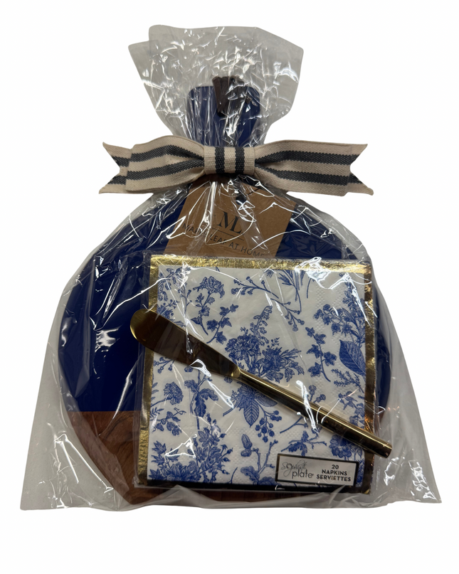 Blue Acacia Bevel Board w/ Gold Spreader & Timeless Cocktail Napkin