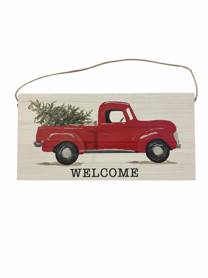 "Welcome" Christmas Tree Truck Twine Hanging Sign