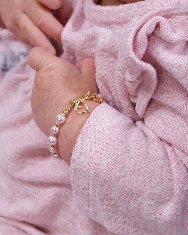 14K Gold-Plated Pink Pearl Baby Heart Bracelet Kids Jewelry