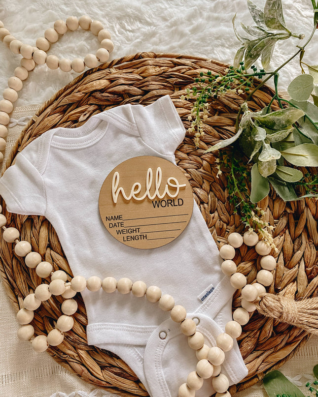 Hello World Birth Stat Announcement Wood Disc - Layered 3D
