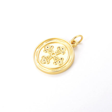 Gold Filled Round Cross Medallion Charm Pendant, CP752