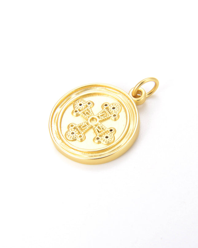 Gold Filled Round Cross Medallion Charm Pendant, CP752