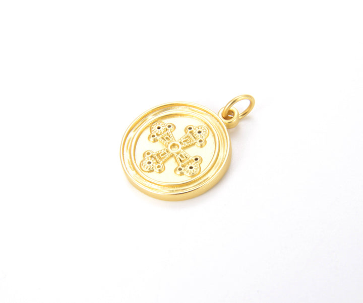 Gold Filled Round Cross Medallion Charm Pendant, CP752