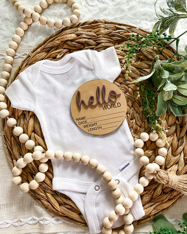 Hello World Birth Stat Announcement Wood Disc - Layered 3D