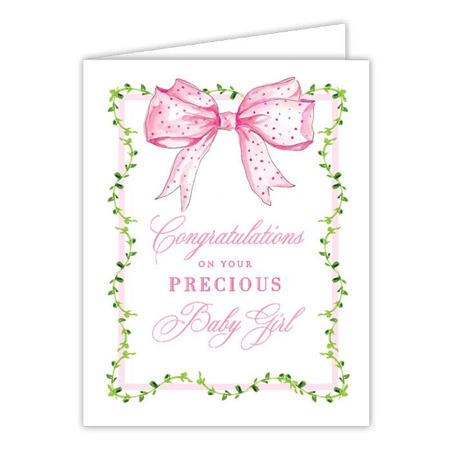 Congratulations on Precious Baby Girl Pink Bow Greeting Card