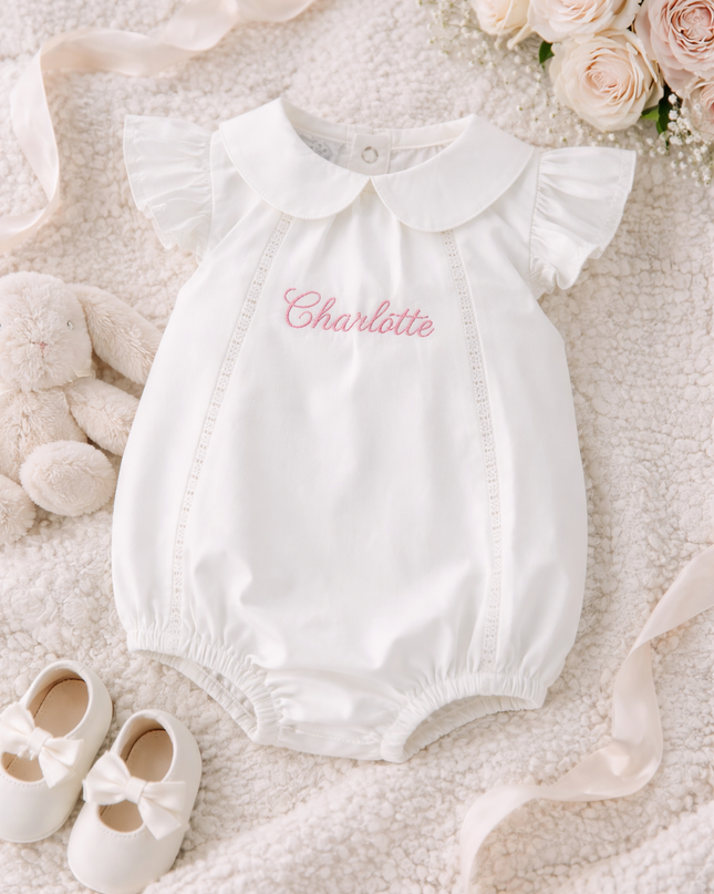 Personalized Heirloom Bubble Classic White Baby Romper with Peter Pan Collar