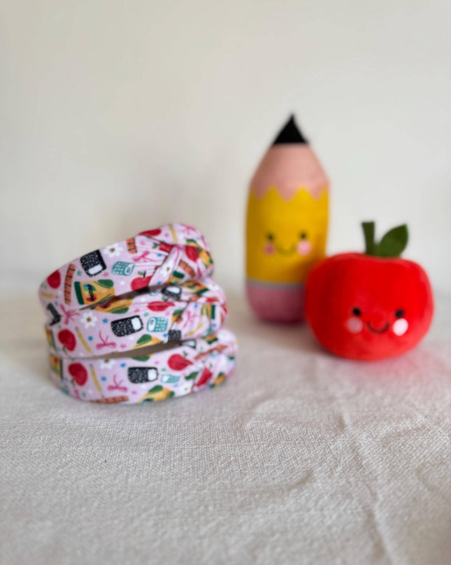 Handmade Pink School Supplies Top Knot Headband
