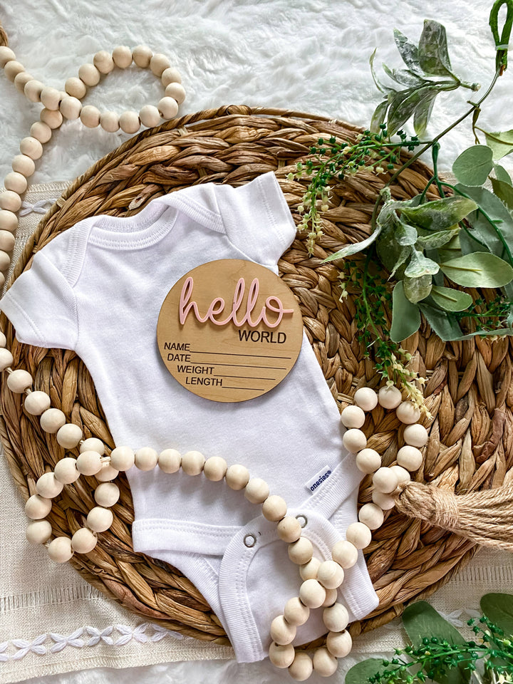 Hello World Birth Stat Announcement Wood Disc - Layered 3D