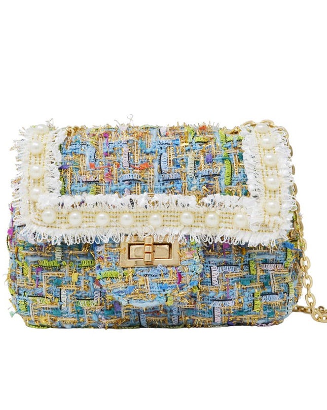 Classic Tweed Handbag with Pearls - White, detail view
