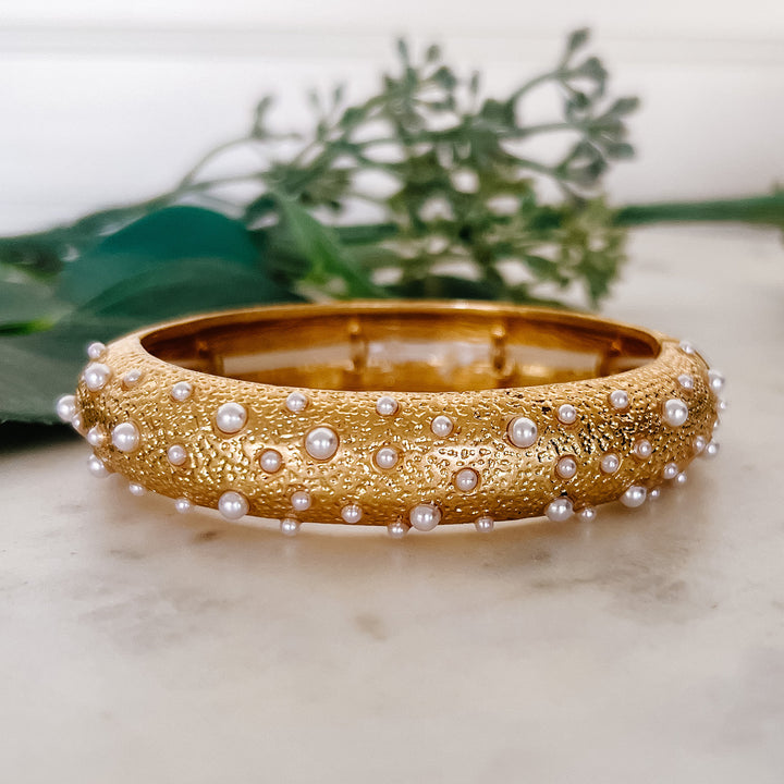 Vintage Gold Hinged Bangle with Pearls