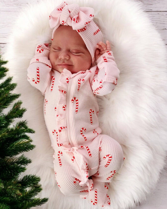 Waffle Ruffle Zip Footie - Pink Candy Cane