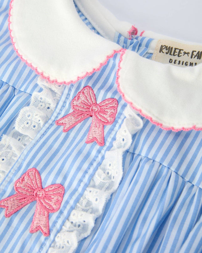 Blue Stripe Girl Romper Petal Peter Pan Collar Bow