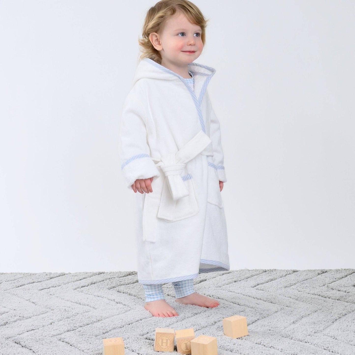 Essentials Light Blue Gingham Trim Bathrobe