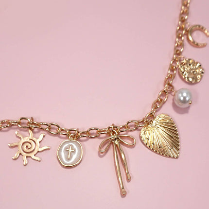 SUN BOW PEARL CROSS DISC  CHARM NECKLACE