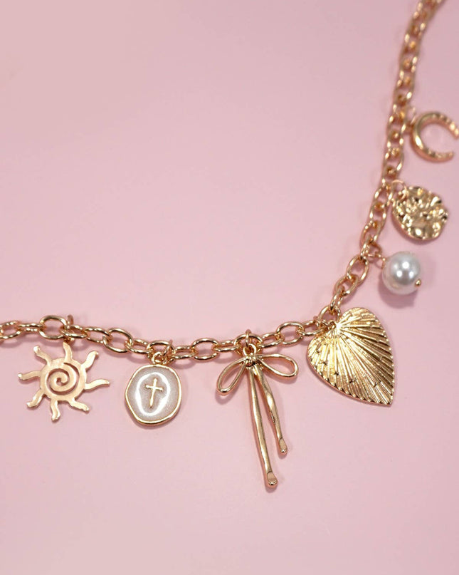 SUN BOW PEARL CROSS DISC  CHARM NECKLACE