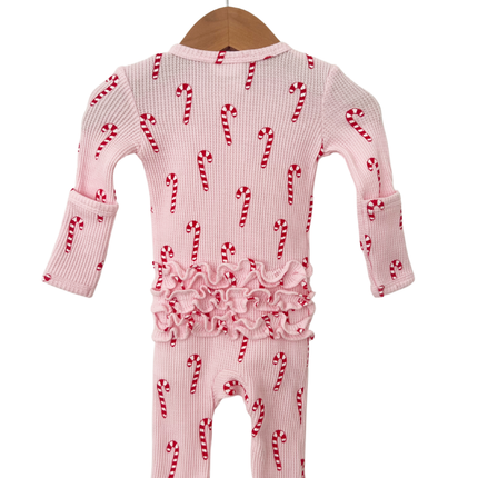 Waffle Ruffle Zip Footie - Pink Candy Cane