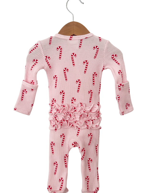 Waffle Ruffle Zip Footie - Pink Candy Cane