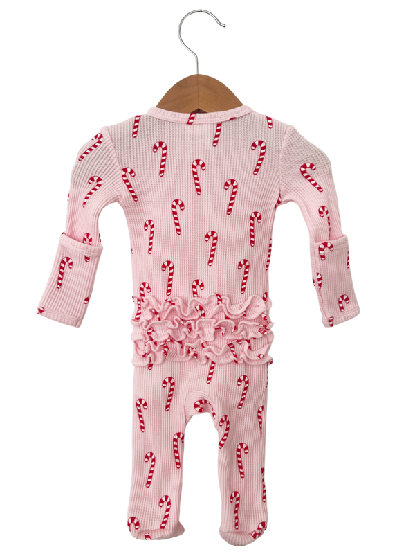 Waffle Ruffle Zip Footie - Pink Candy Cane