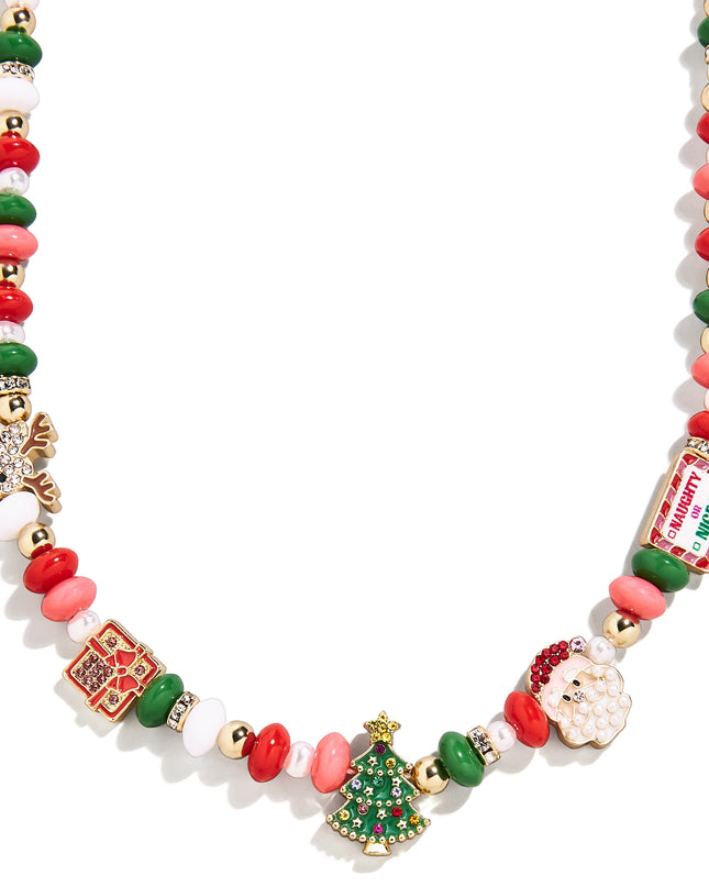 BaubleBar Kids’ Holiday Motif Necklace with red, pink, green and gold-tone beads and Christmas charms