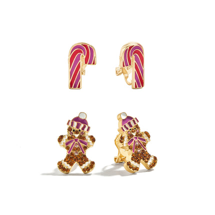 BaubleBar gingerbread man and candy cane clip-on earring set