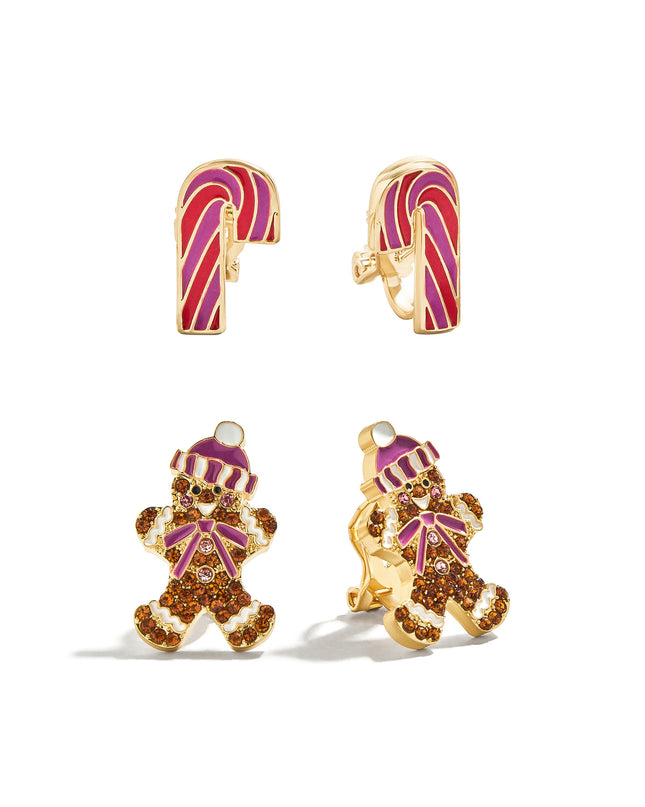 BaubleBar gingerbread man and candy cane clip-on earring set