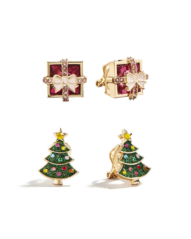 BaubleBar Christmas tree and wrapped gift clip-on earring set