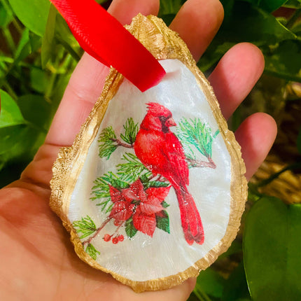 Oyster Shell Ornament, Cardinal and Poinsettia Ornament