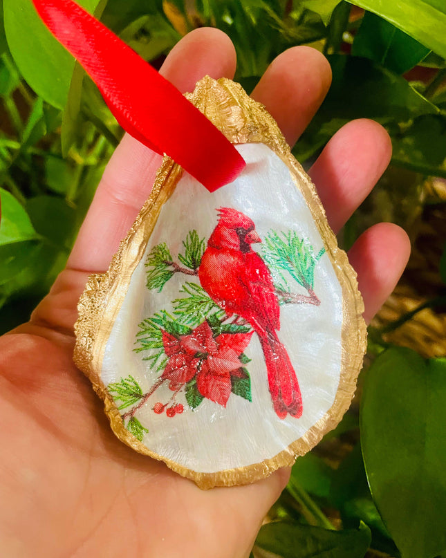 Oyster Shell Ornament, Cardinal and Poinsettia Ornament