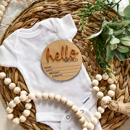 Hello World Birth Stat Announcement Wood Disc - Layered 3D