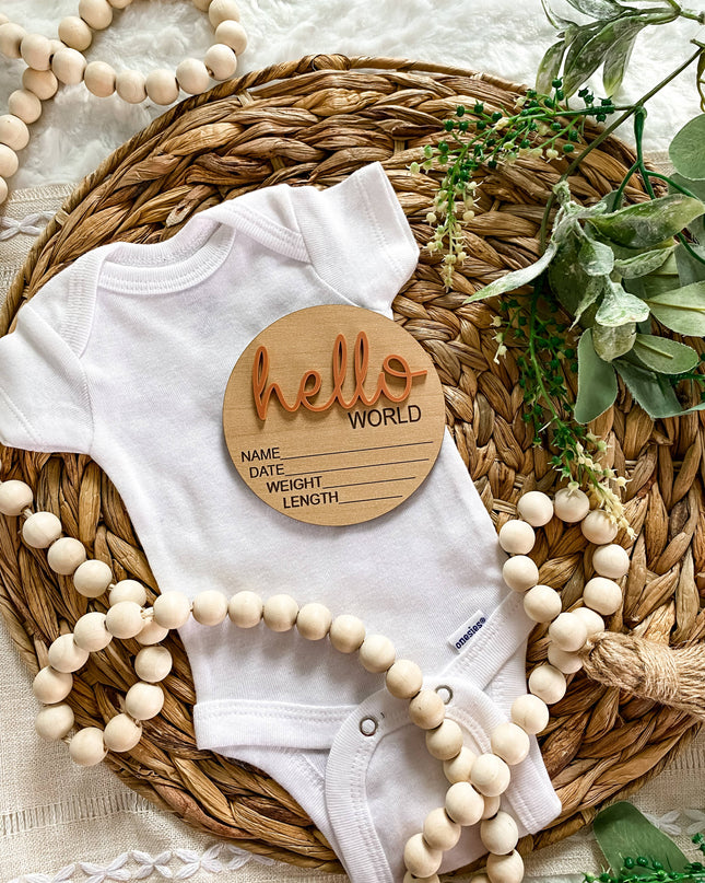 Hello World Birth Stat Announcement Wood Disc - Layered 3D