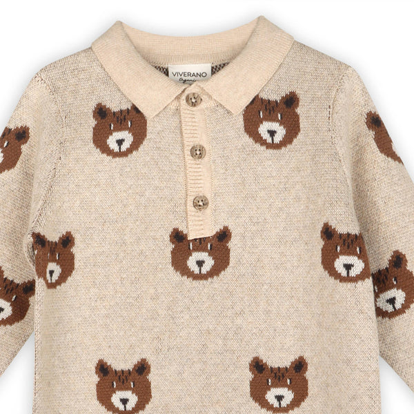 Brown Bear Jacquard Sweater Knit Baby Jumpsuit