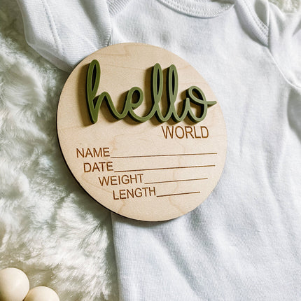 Hello World Birth Stat Announcement Wood Disc - Layered 3D