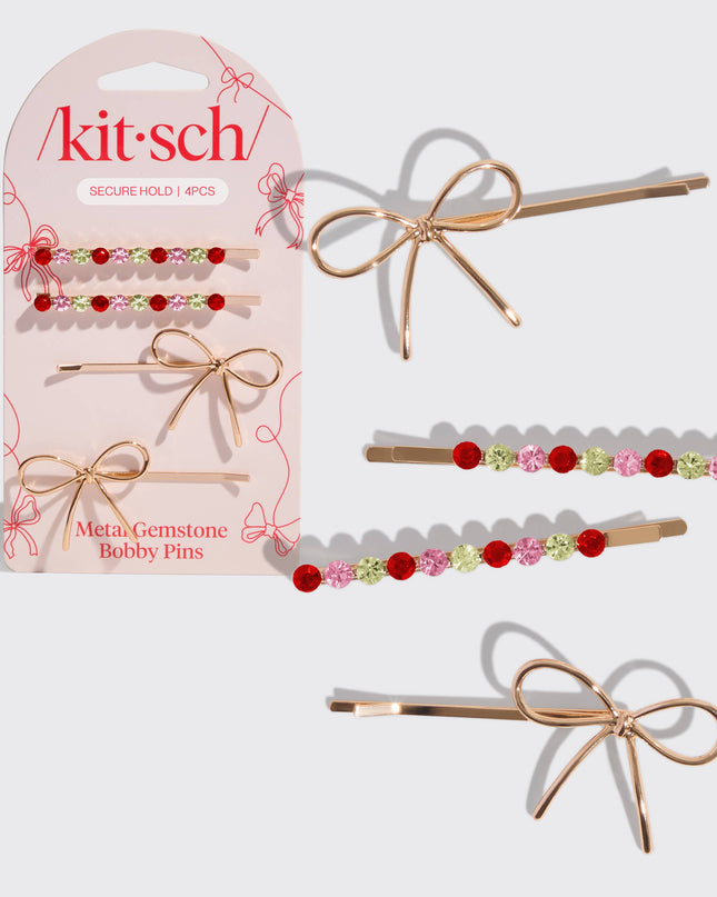 Metal Gemstone and Bow Bobby Pins 4pc Set