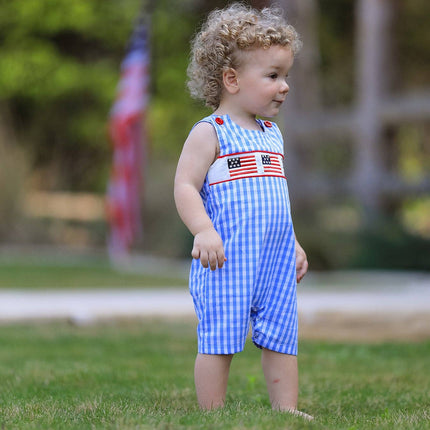 4th of july Flag Embroidery Smocking Boys Romper