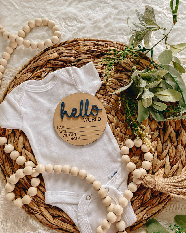 Hello World Birth Stat Announcement Wood Disc - Layered 3D