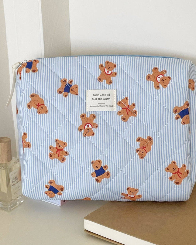 Cute Bear Print Striped Make Up Bag