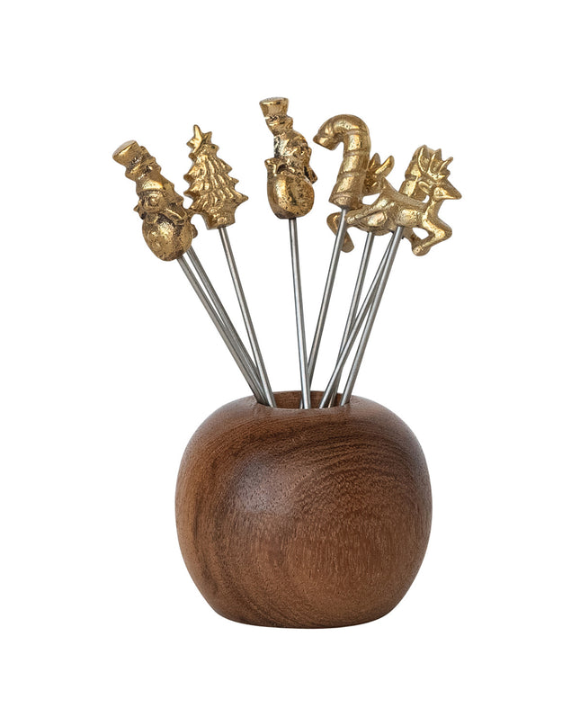 Creative Co-op XS7891 mango wood holder with eight holiday appetizer picks